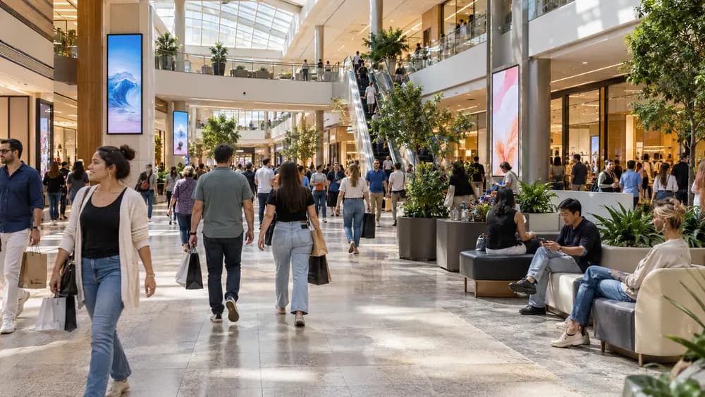 A busy shopping-centre concourse with digital displays integrated into the space
