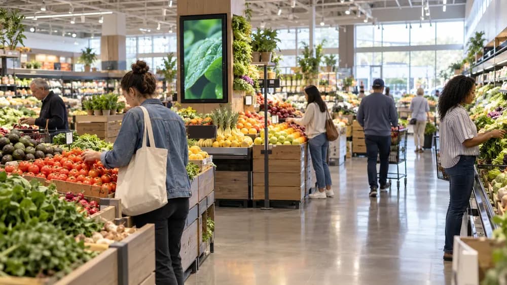 Shoppers moving through a produce department with a digital screen integrated into the fixtures